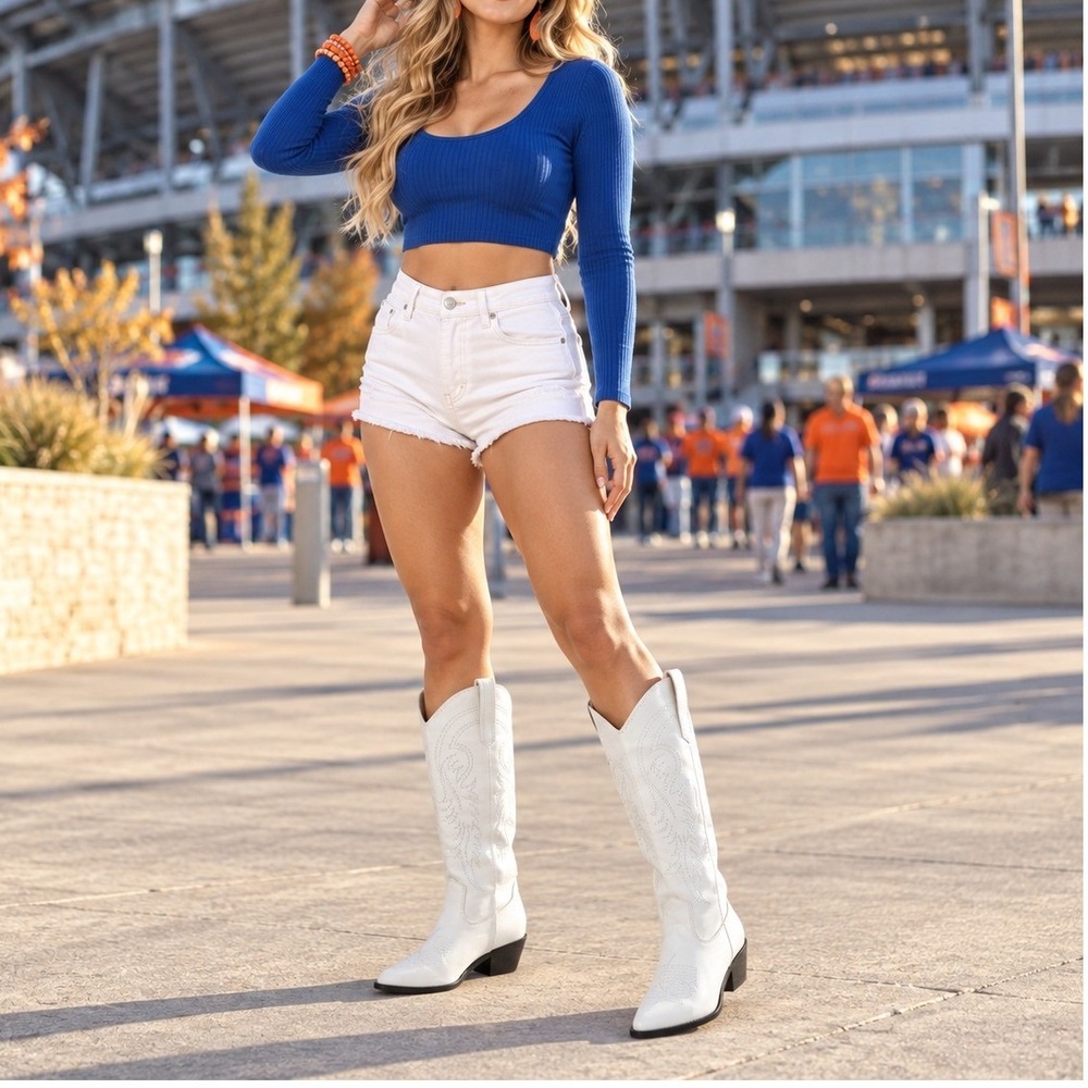 White Western Cowboy Boots EU 41 Embroidered Pointed Toe Knee High Cheerleader
